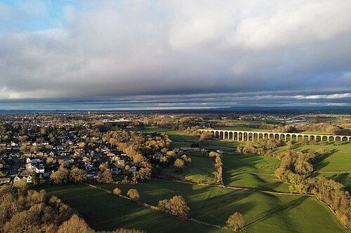 Drone shot of the crimple valley and crimple valley viaduct