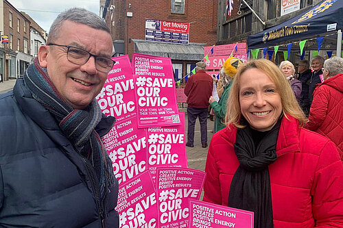 Helen Morgan campaigning for the Whitchurch Civic Centre