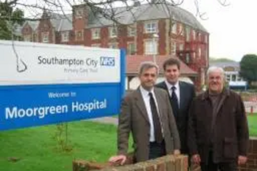 Chris Huhne MP, Cllr David Goodall and Cllr Tony Noyce outside the threatened Moorgreen Hospital