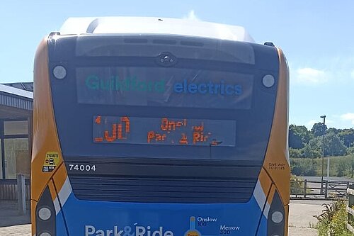 The back of an electric bus with the destination Onslow Park and Ride