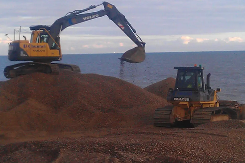 Sandgate Beach replenishment works (heavy plant moving shingle)