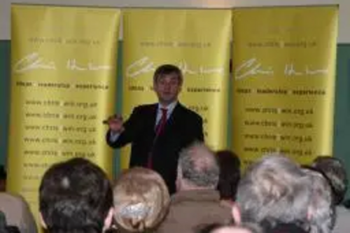 Leadership contender Chris Huhne rallies local support at the Bear Hotel, Chippenham